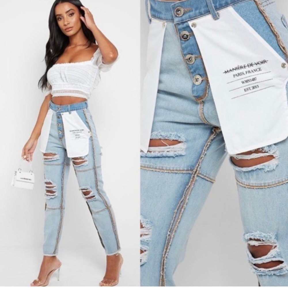 Maniere De Voir Button Fly Inside Out Distressed Light Denim Size 6